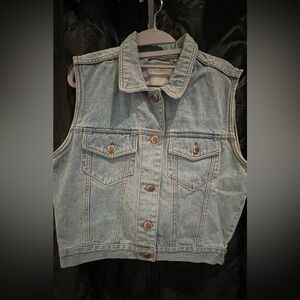 Denim vest - vintage distressed jean - hand painted design on back